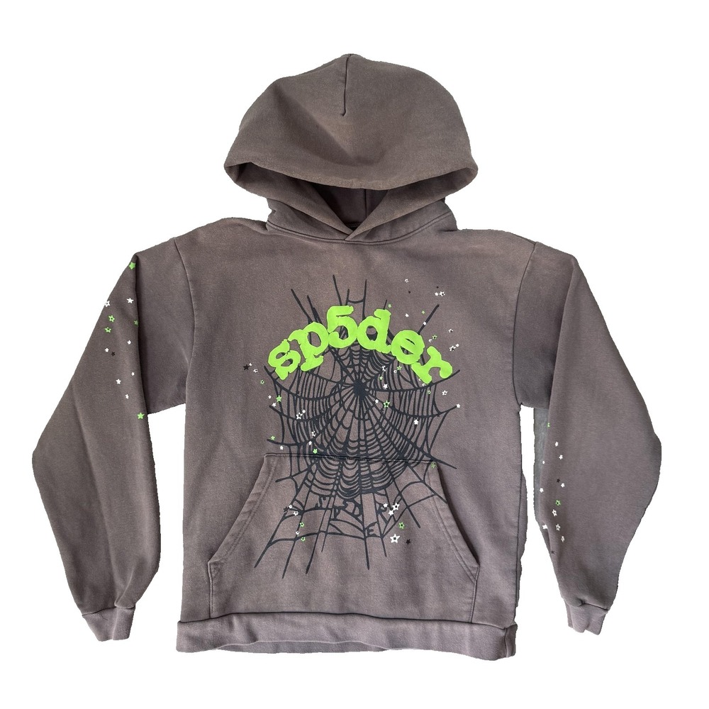 Sp5der Hoodie Mens Medium Brown Pullover Fleece Sweatshirt Web Graphic Halloween